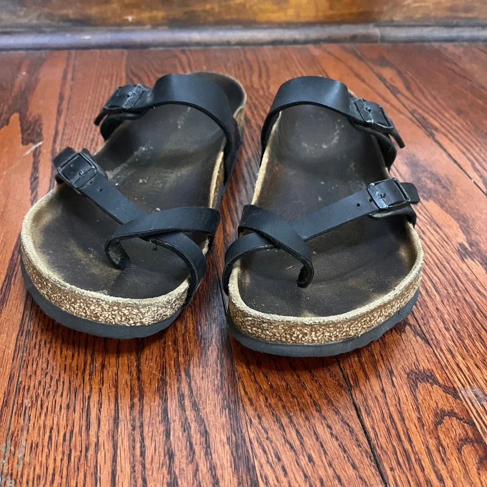 Birkenstock Mayari Black Birko-Flor Toe Loop Buckle Cork Sandals‎ Womens 39 L8